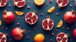 © Fukuro - Fresh pomegranates and oranges flat lay background healthy eating fruit diet food photography backdrop image