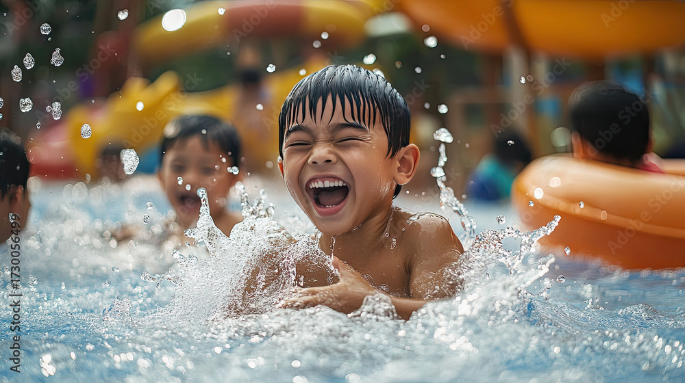 Joyful children playing in water park, splashing and laughing in pool ...