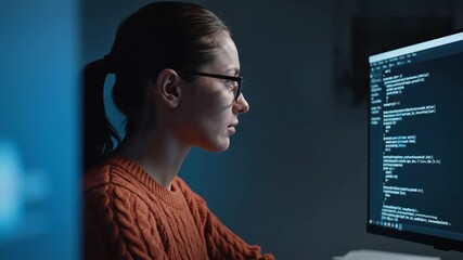 Focused Programmer: Woman Coding on Computer Screen in Dark Office