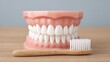 © 69 - Realistic dental model with bright white teeth positioned next to a bamboo toothbrush; perfect for dental care, education, or health promotions