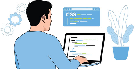Wall Mural - Man coding css on laptop isolated on white background for web development