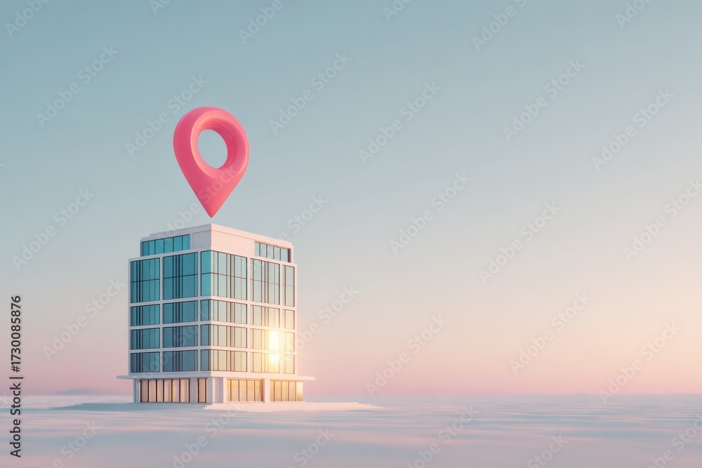 Isolated modern office building with a location pin icon, representing ...