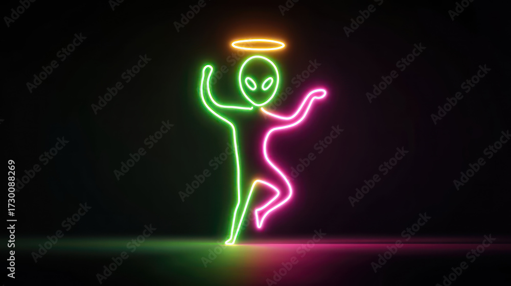 Alien in neon, glowing with halo, posing and dancing against a dark ...