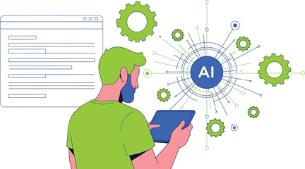 Man using ai technology with tablet isolated on white background vector illustration
