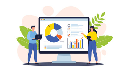 Vector art of two people analyzing data on a computer screen with charts and graphs 