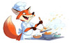 © Penyol Puyol - Animated fox chef prepares pancakes in a pan, apron and hat, bright colors and happy