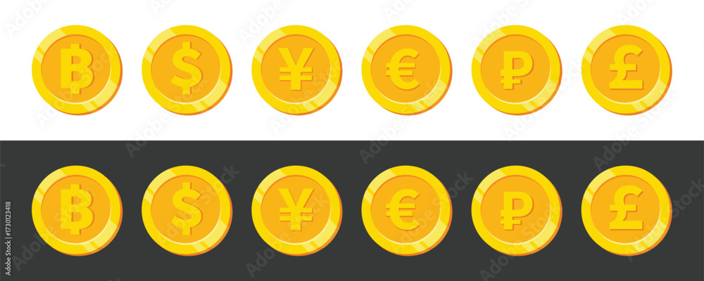Golden Coin Icons with Currency Symbols Vector Set. US Dollar, Euro ...