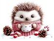 © Arnon  Parnnao - A sweet and whimsical watercolor illustration of a hedgehog wearing a cozy sweater and holding a cup of hot cocoa. The hedgehog has a happy expression and is surrounded by cute winter