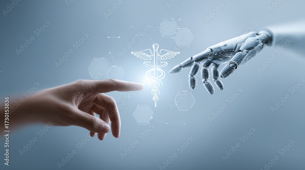 Robotic and human hands reaching for a glowing caduceus symbol ...