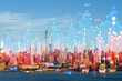Economic growth and financial data analysis concept over modern USA cityscape with glowing indicators and skyscrapers in sunset background.
