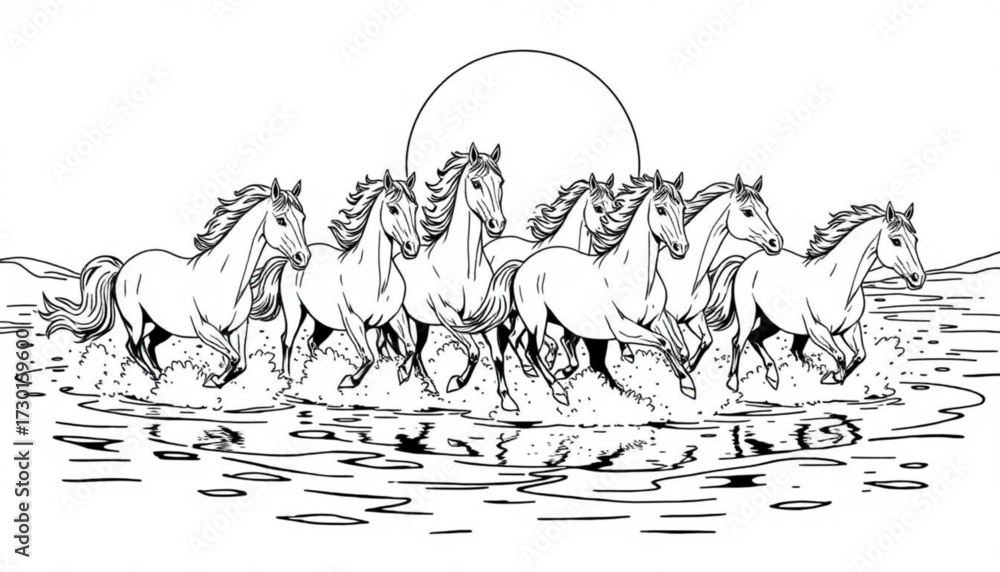 Minimilist a group of seven horses running through water with a sun in the background in black and white style vector
