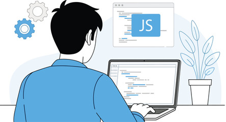 Man coding javascript on laptop, back view, isolated on white background