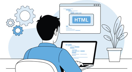 Man working on laptop with html code isolated on white background