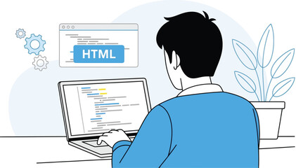 Wall Mural - Man coding html on laptop isolated on white background, back view