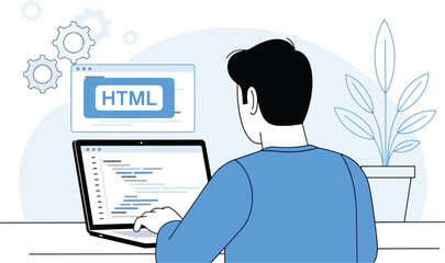 Wall Mural - Man coding html on laptop isolated on white background, working at desk