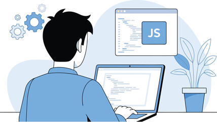 Man coding javascript on laptop isolated on white background programmer at work