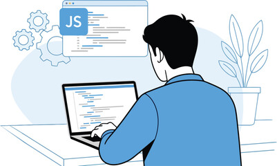 Man coding javascript on laptop isolated on white background programmer at desk