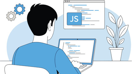 Wall Mural - Man coding javascript on laptop with plant isolated on white background