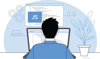 Man coding javascript on laptop, back view, isolated on white background