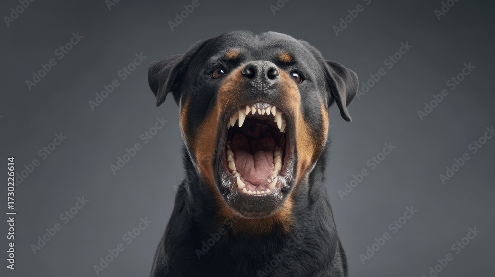 Intense and Powerful Rottweiler Dog Snarling with Open Mouth Displaying ...