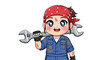 © Naima - Cute cartoon female mechanic in a blue jumpsuit and red bandana, happily holding a large wrench, ready for work.