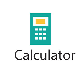 Stylized teal calculator icon with a yellow display screen and white grid buttons labeled “Calculator” below; isolated on white background for calculation and finance tasks.