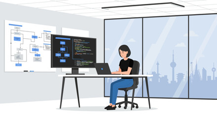 A female developer is coding a program in her office with a cityscape view behind her