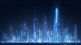 Futuristic city landscape background blue. Low poly wireframe night buildings with glowing effect. Abstract tech smart cityscape background. Innovation skyscrapers and offices. Vector illustration.