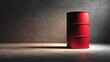 © Thamonchanok - Brent oil barrel standing on plain surface concept. A stack of three red barrels in a dimly lit industrial space.