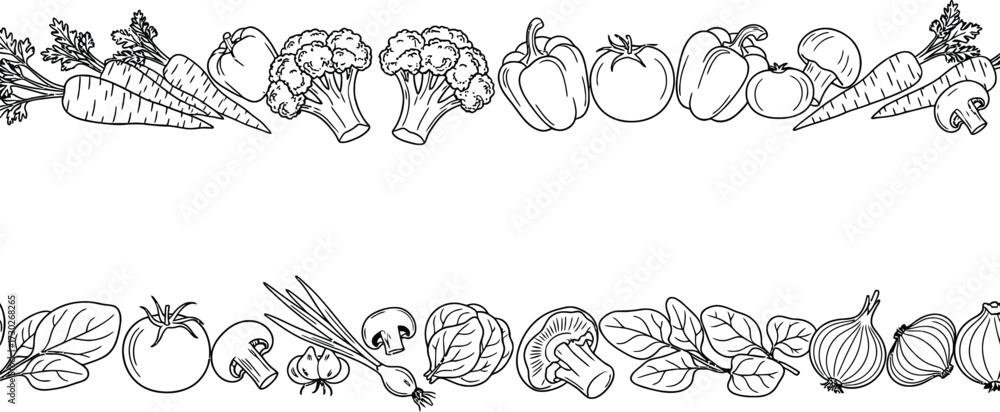 Black and white line art illustration featuring a border of various ...