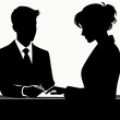 © Denis - Silhouette of male banker with client discussing financial matters in business casual style on simple white background