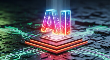 Vibrant glowing AI acronym emerges from futuristic circuit board, symbolizing digital innovation and advanced technology powering the future.
