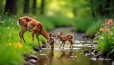 Gentle doe and spotted fawn share a serene moment drinking from a clear forest stream, surrounded by lush greenery and wildflowers.