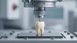 High-tech dental milling machine creating precise tooth model in modern dental laboratory with advanced equipment and professional tools in focus