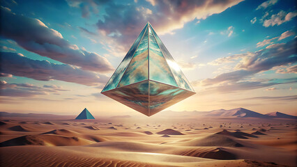 Wall Mural - Surreal dreamy floating pyramid made of glass above glowing neon fantasy surreal artwork  