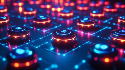 Wall Mural - A vibrant close-up of a futuristic circuit board with glowing buttons. Each button pulsates with energy. Explore endless possibilities. Generative AI