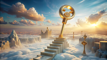 Wall Mural - Surreal giant golden key floating above crystal stair surreal glowing mystical fantasy art  