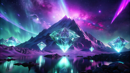 Wall Mural - Surreal glowing diamond mountains under a purple aurora surreal dreamy fantasy illustration  