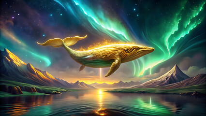 Wall Mural - Surreal golden whale flying above the ocean under aurora mystical glowing surreal artwork  