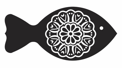 Wall Mural - Stylized black fish silhouette with intricate floral mandala design and small round eye detail on white