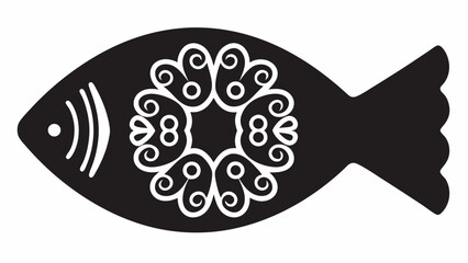 Wall Mural - Stylized black fish with white ornamental design featuring swirls and circles on a white background