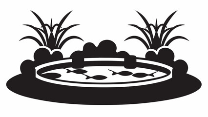 Wall Mural - A black and white illustration of a pond with plants and fish in a simple graphic style image design