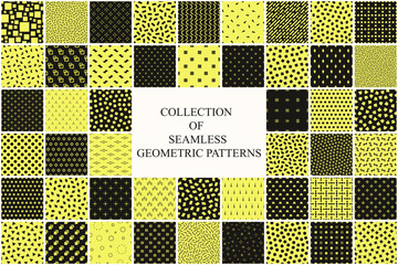Wall Mural - Collection of vector seamless geometric minimalistic patterns in different styles. Black and yellow repeatable unusual backgrounds. Endless modern textile prints