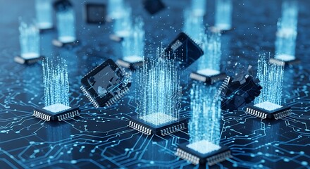 Futuristic central processor units processing streams of glowing digital data on a circuit board