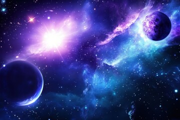 Wall Mural - Colorful cosmic scene featuring planets and a bright star in a vast nebula