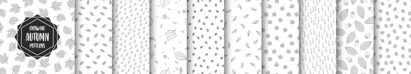 Wall Mural - Collection of seamless autumn drawing gray patterns. Cartoon nature repeatable hand drawn monochrome backgrounds. Endless foliage prints with falling leaves and drops