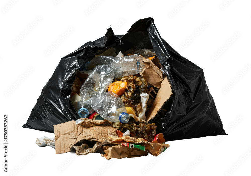 Violently ruptured black garbage bag, overflowing with grimy plastic ...