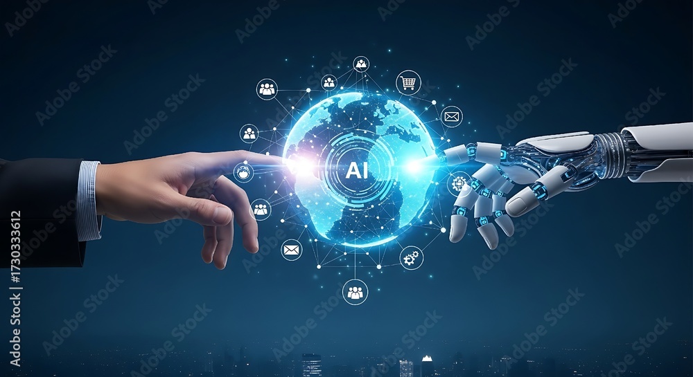 human robot hand touch digital globa ai lettering symbol convergence ...