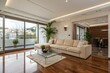 © Dilaram - Modern luxury living room with beige sectional sofa, glass coffee table, and designer indoor plant