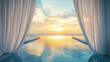 © Artem Zatsepilin - serene infinity pool with flowing curtains overlooking sea at sunset. tranquil summer vacation. travel brochure, relaxation poster, or spa advertisement.